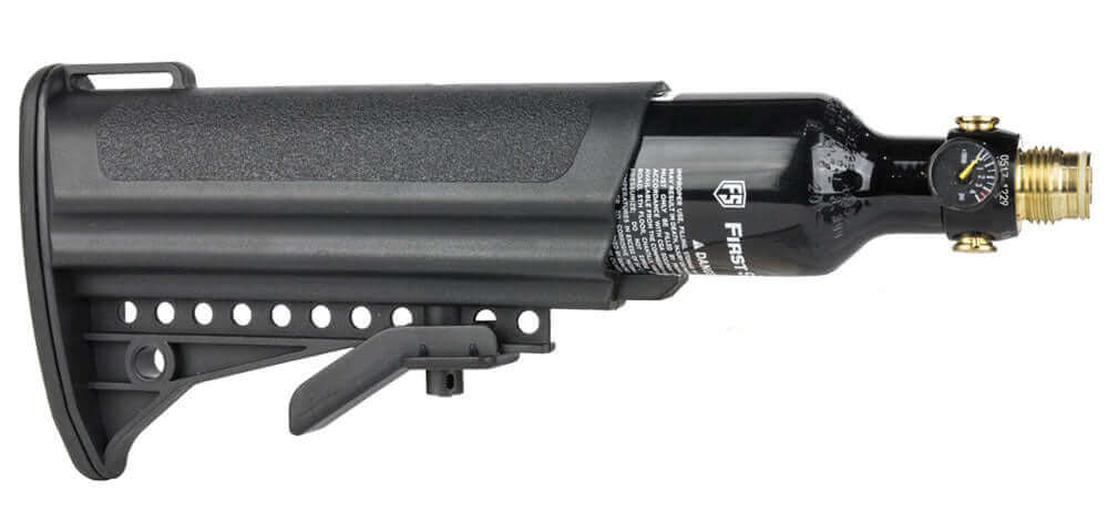 First Strike Floating Butt Stock 5cm diameter – First Strike Floating Butt Stock – For 2" HPA Bottles (Ø 5 cm) No more wobbling, taping, or getting caught on rails – the First Strike Floating Air Stock revolutionizes your air-on-stock setup. Developed in