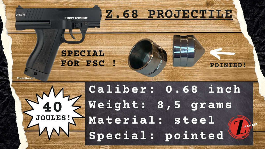 ¡40 julios! Proyectil puntiagudo de acero Z.68 de Z-RAM Tiberius First Strike FSC T9.1 T8.1 calibre 0.68