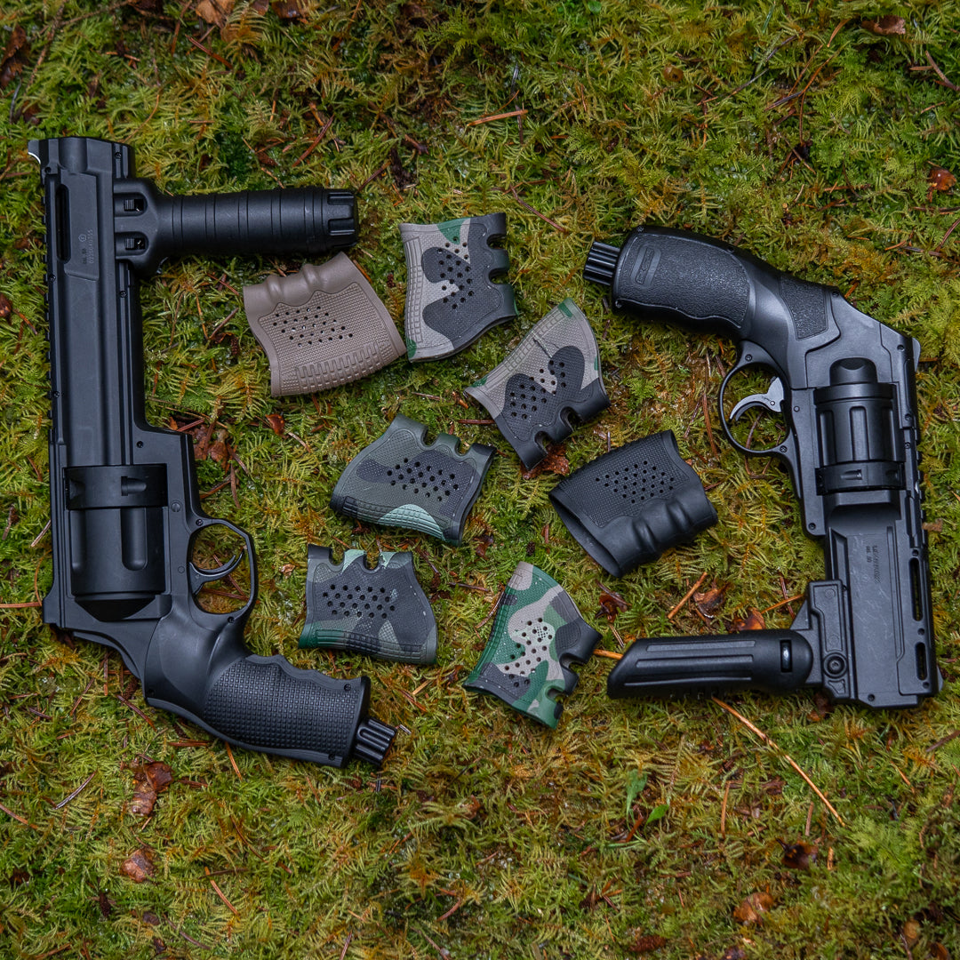 AGARRE DE MANO | Elástico antideslizante de alta resistencia | Asa delantera | diferentes estilos | Marcador T4E | bola de pintura | RAM | airsoft V3 (camuflaje oscuro)