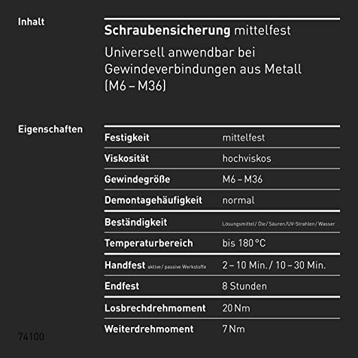 Cerradura de tornillo de resistencia media INBUS® 74100, 20 g — Fabricado en Alemania